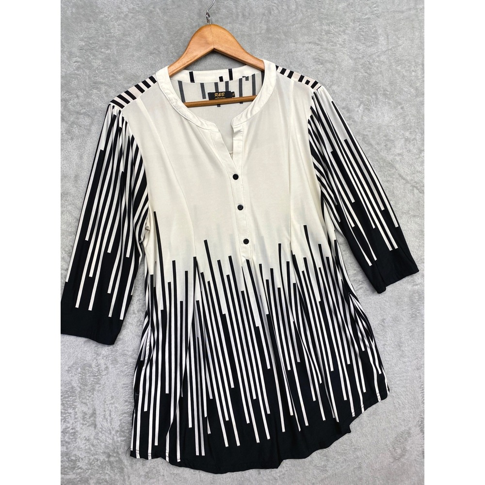 Mod Dark Academia Artsy Henley Tunic Top Pockets Poly Spandex Black White Sz XL